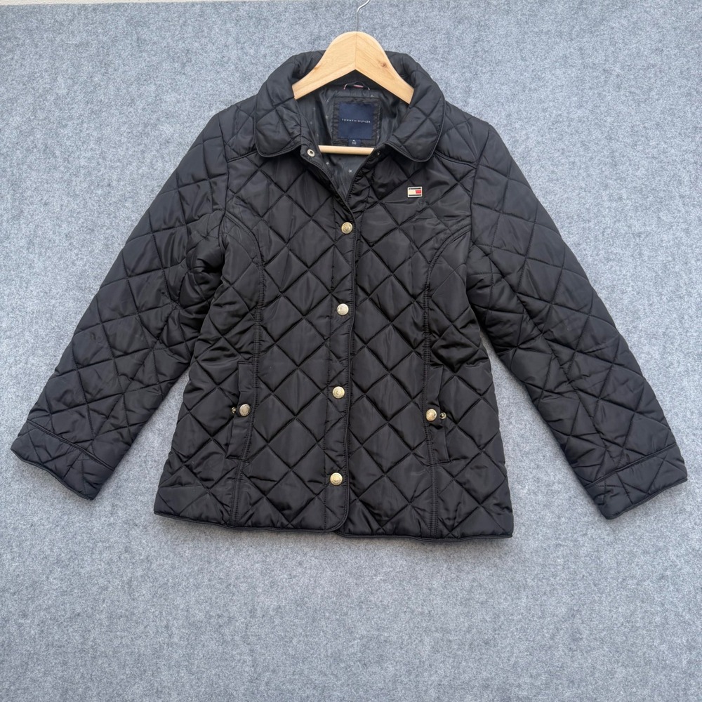Tommy Hilfiger Black Quilted Jacket Women XL 16 Gold Snap Star Lining Barn Coat